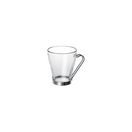Taza de vidrio para te Debora 320 ml., cuerpo de vidrio asa de acero inoxidable