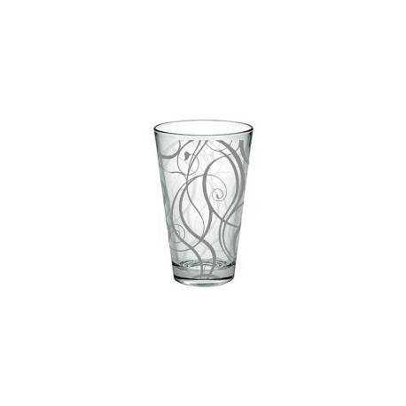 Vaso de vidrio decorado orgánico en tramas color plata, capacidad 350 ml.