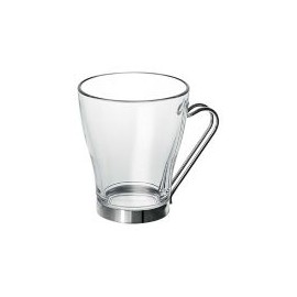 Taza de vidrio para te Debora 320 ml., cuerpo de vidrio asa de acero inoxidable